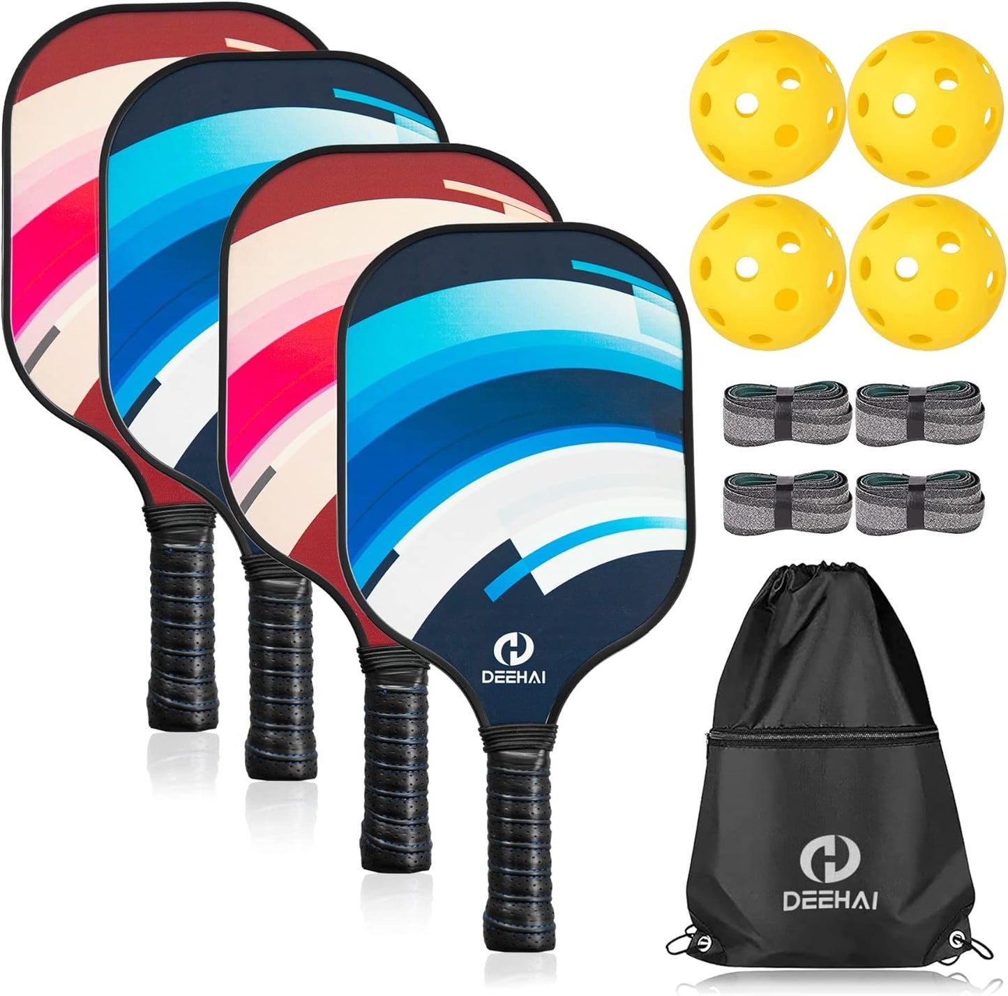 Pickleball Paddles Pickleball Set Pickleball Rackets, Quiet Pickleball Raquette Set of 4 with 1 Portable Pickleball Bag, 4 Pickleball Balls & 4 Grip Tapes, Polypropylene Honeycomb Core