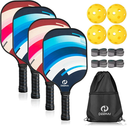 Pickleball Paddles Pickleball Set Pickleball Rackets, Quiet Pickleball Raquette Set of 4 with 1 Portable Pickleball Bag, 4 Pickleball Balls & 4 Grip Tapes, Polypropylene Honeycomb Core