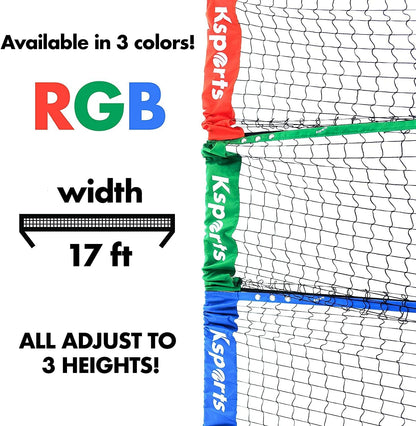 Portable 17 Feet Badminton Net Set(Green)−One Net for Pickleball, Tennis, Soccer Tennis, Kids Volleyball−4 LED Shuttlecocks−One Carry Bag−Easy Setup Nylon Net with Poles for Indoors & Outdoors