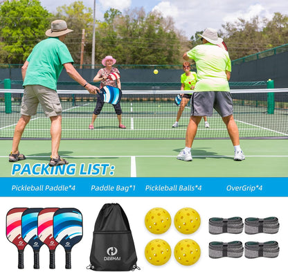 Pickleball Paddles Pickleball Set Pickleball Rackets, Quiet Pickleball Raquette Set of 4 with 1 Portable Pickleball Bag, 4 Pickleball Balls & 4 Grip Tapes, Polypropylene Honeycomb Core