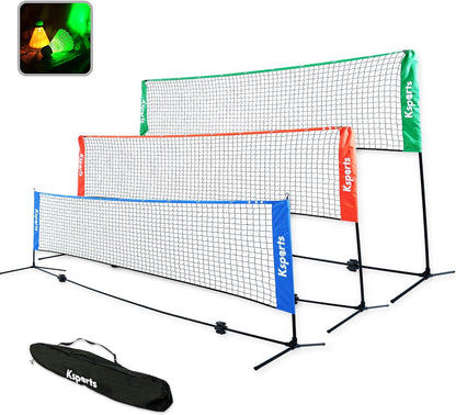 Portable 17 Feet Badminton Net Set(Green)−One Net for Pickleball, Tennis, Soccer Tennis, Kids Volleyball−4 LED Shuttlecocks−One Carry Bag−Easy Setup Nylon Net with Poles for Indoors & Outdoors